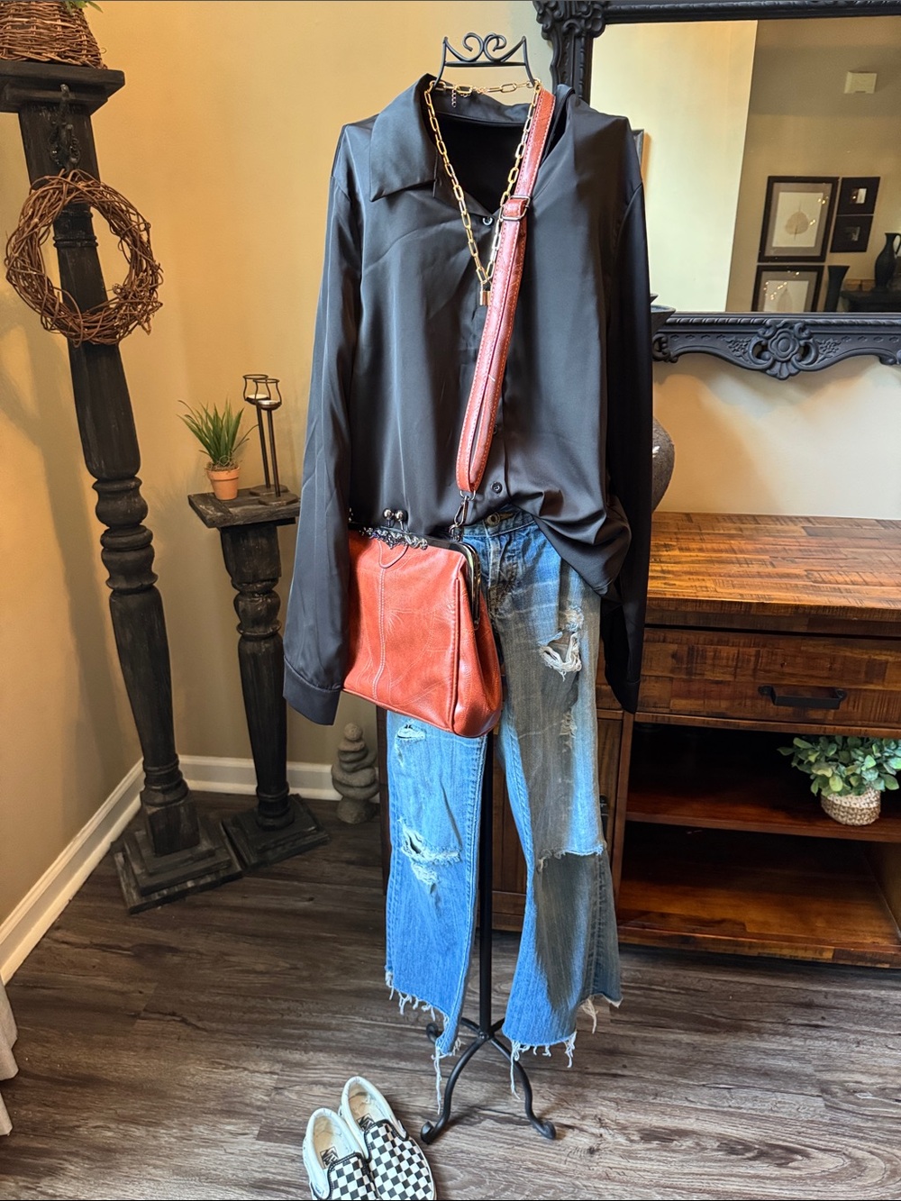 Women’s Classic Black Satin Button-Up Shirt